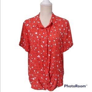 W5 Anthropologie red white animal print faux tie front top